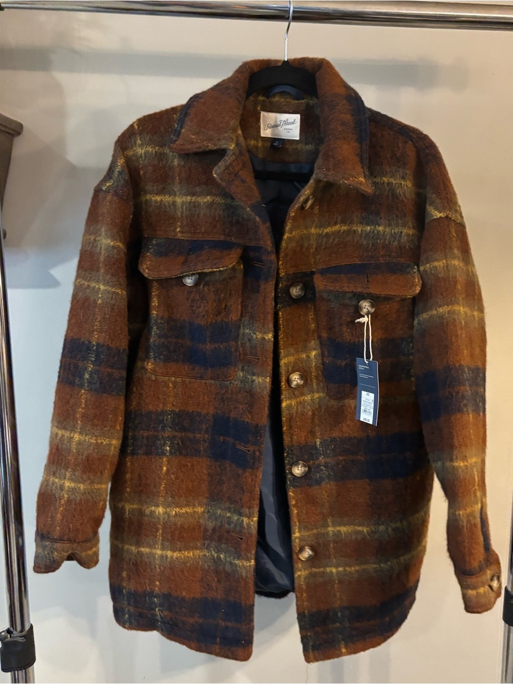 NWT ✨ Universal Thread Brown and Navy Plaid Lightweight Shacket women’s size XS